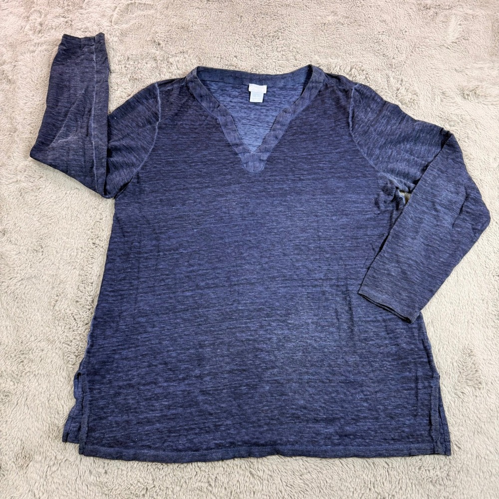 Chicos Women's Size M Linen Blend Long Sleeve Tunic‎ Top V-Neck Blue Beach